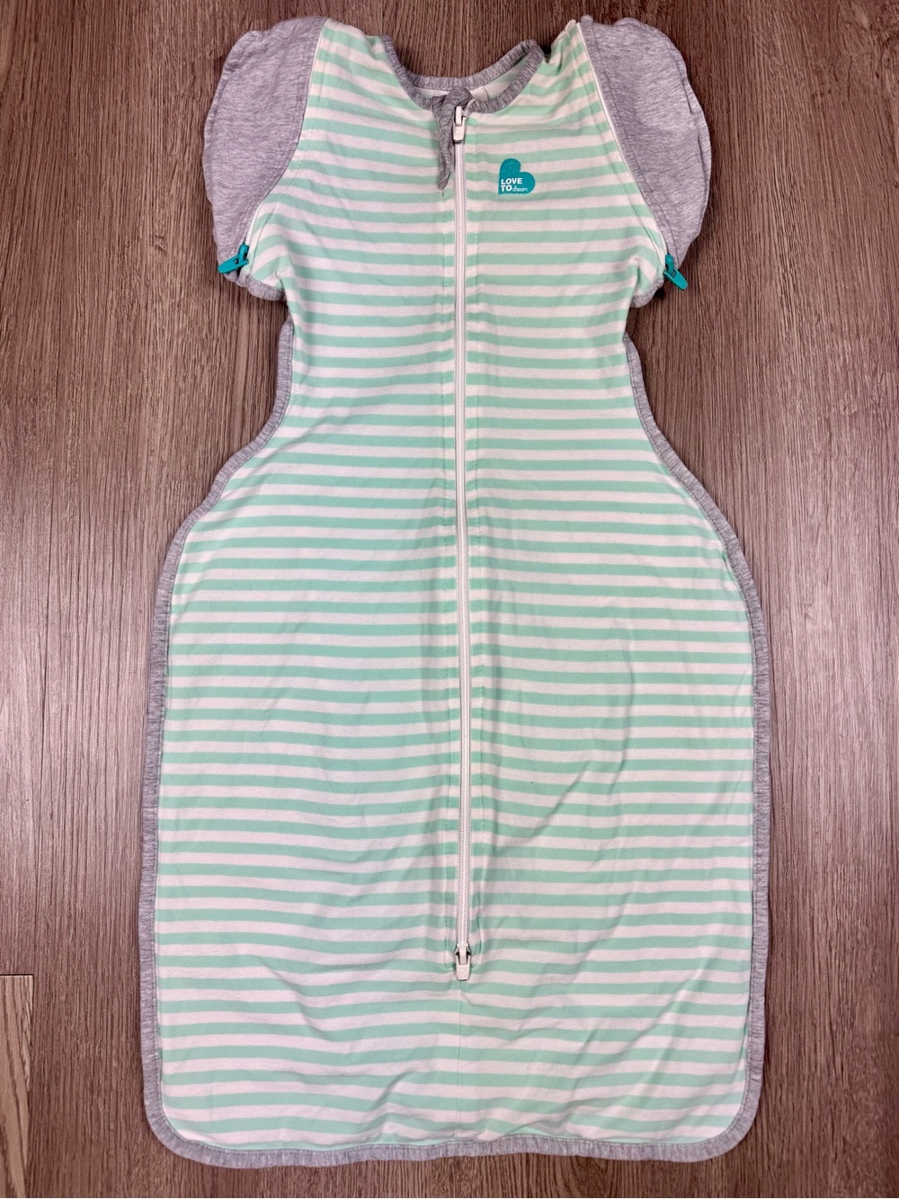 Love to dream Mint Green & White Striped Swaddle Sleep Sack with Gray Accents